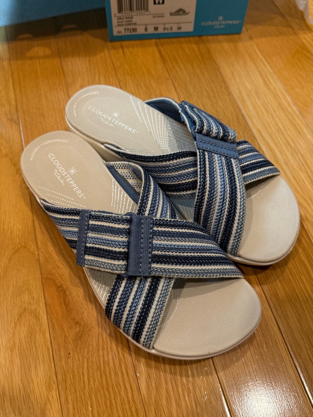 Cloudsteppers by Clarks Navy and Cream Striped Slide Sandals